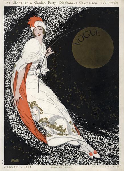 ビンテージ　VOGUE MOON スカーフ　アート　絵画　シルク100% レトロ Vintage Vogue Cover: Aug 1912