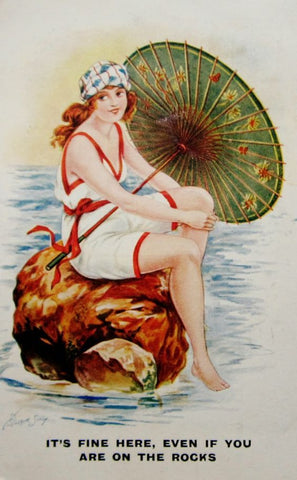 Vintage Summer Beach Postcard: On the Rocks