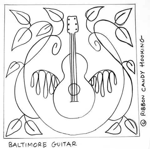 Baltimore Album Quilt Inspired Rug Hooking Pattern - Baltimore Guitar -