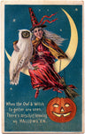 Vintage Halloween Postcard: Owl and Witch