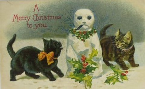 Vintage Christmas Postcard: Kittens meet Snowman