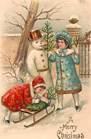 Vintage Christmas Postcard: Snowman and Children