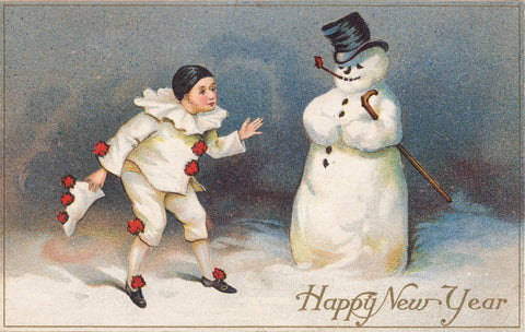 Vintage Christmas Postcard: Peirot and Frostie's New Year