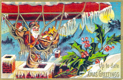 Vintage Christmas Postcard: Santa's airship