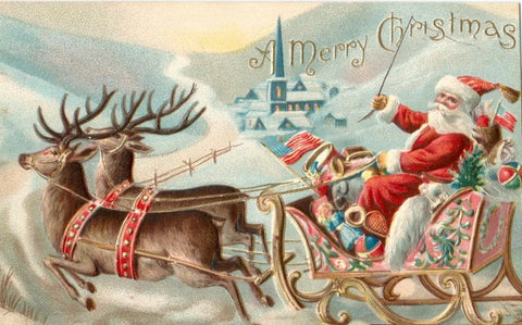 Vintage Christmas Postcard: Santa's Flying Sleigh