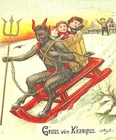 Vintage Christmas Postcard: Krampus on Sled