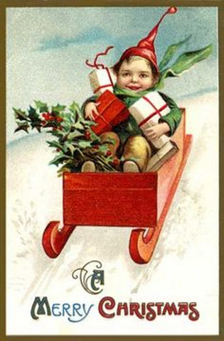 Vintage Christmas Postcard: Elf Sled