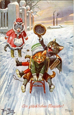 Vintage Christmas Postcard: New Year Cats on Sled