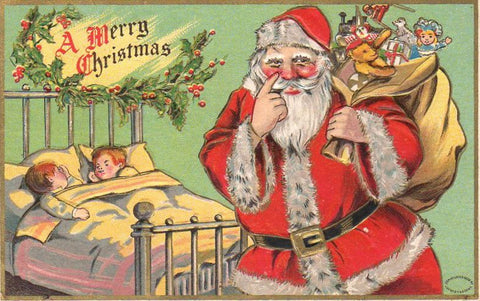 Vintage Christmas Postcard: Santa and sleeping Tots