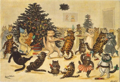 Vintage Christmas Postcard: Cats' Christmas Cracker Feast