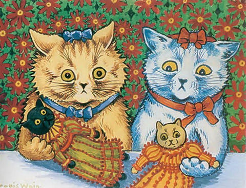 Vintage Christmas Postcard: Cats and Dolls